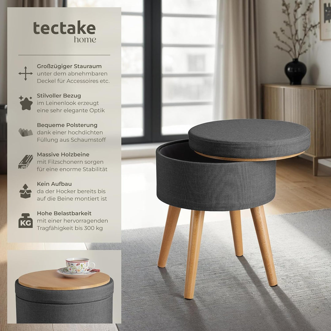 tectake 800836 Sitzhocker mit Stauraum in Leinenoptik, bis 300 kg belastbar, rund, Deckel abnehmbar,