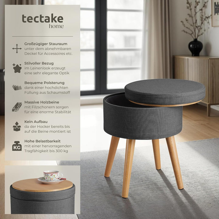 tectake 800836 Sitzhocker mit Stauraum in Leinenoptik, bis 300 kg belastbar, rund, Deckel abnehmbar,