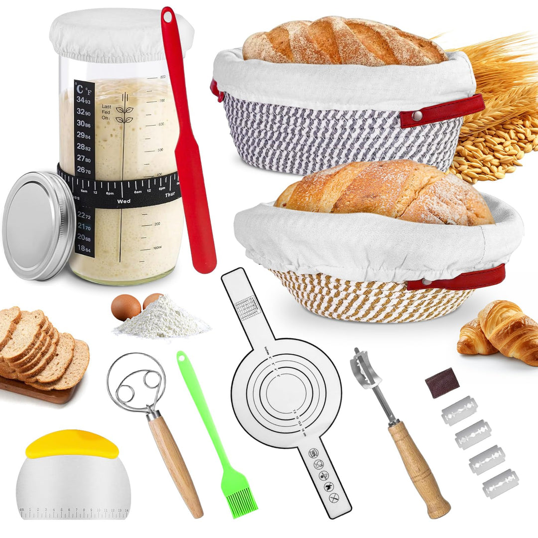 Brot Gärkörbchen Set, 14-Teilig Sauerteig Starter Set mit 2 Gärkörbe Rattan, Sauerteig Starterglas,