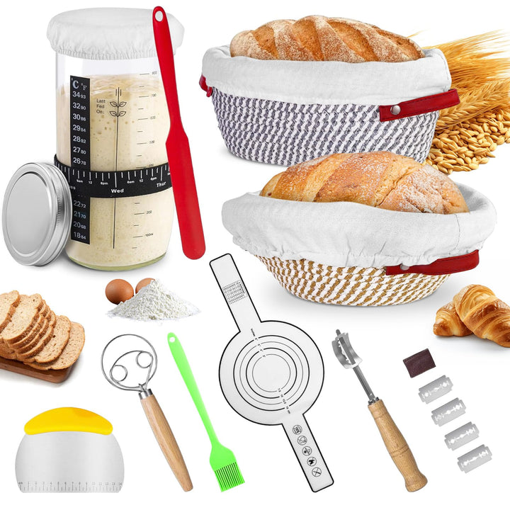 Brot Gärkörbchen Set, 14-Teilig Sauerteig Starter Set mit 2 Gärkörbe Rattan, Sauerteig Starterglas,