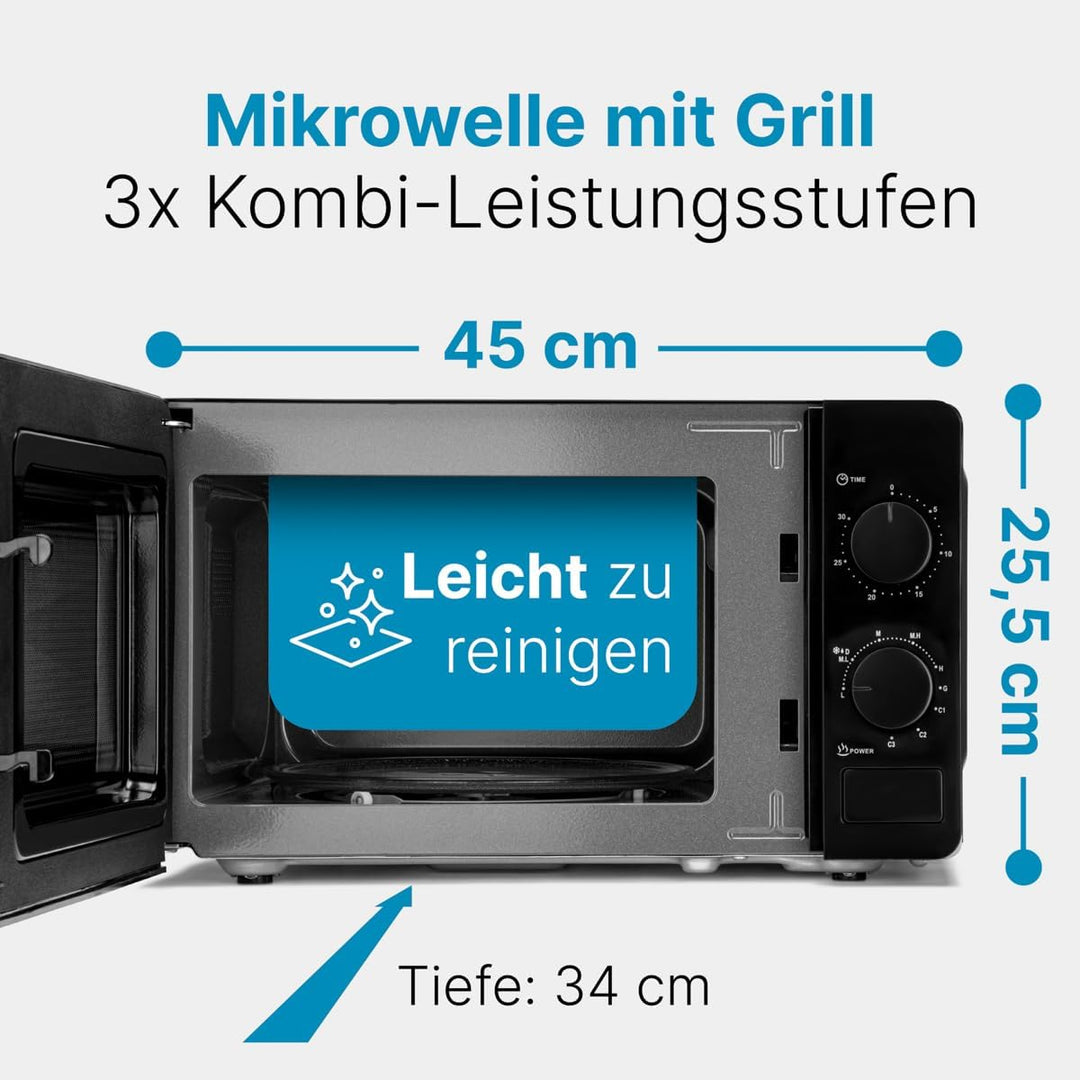 Clatronic® Mikrowelle mit Grill | 800 Watt | 5 Stufen | 20 Liter Garraum | 360° Drehteller | Timer m