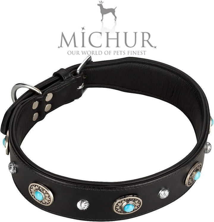 MICHUR Alonzo Hundehalsband Leder Schwarz Breit, Lederhalsband, Halsband, Blaue Steine MIT RUNDNIETE