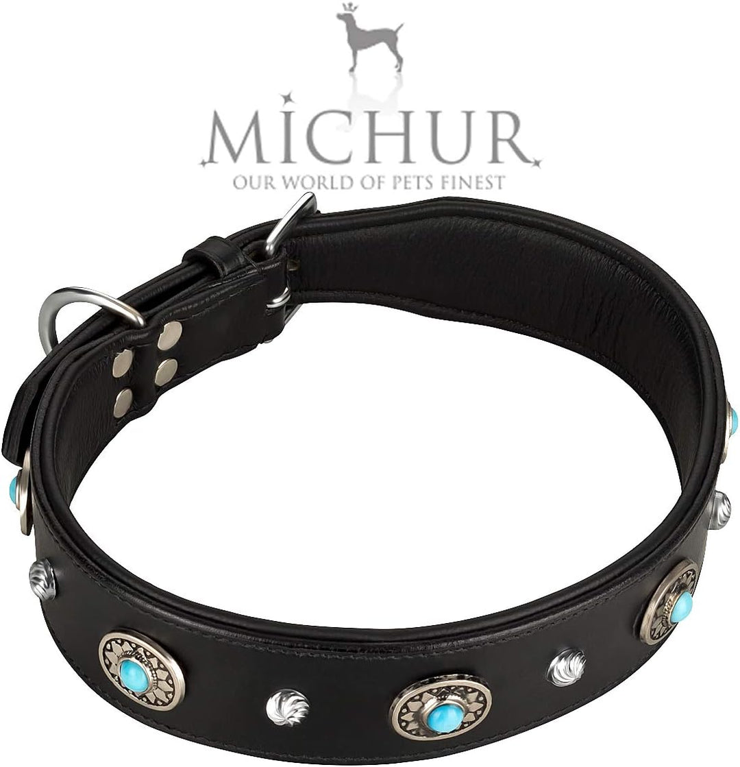 MICHUR Alonzo Hundehalsband Leder Schwarz Breit, Lederhalsband, Halsband, Blaue Steine MIT RUNDNIETE
