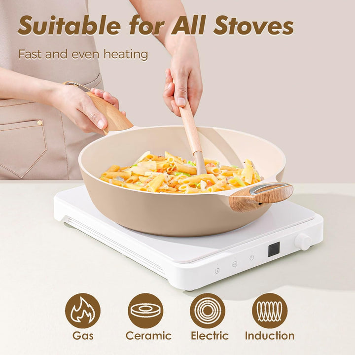SENSARTE 30cm Beige Keramik Tiefe Bratpfanne mit Deckel, 4.7L Sautepfanne mit Deckel, Grosse Bratpfa