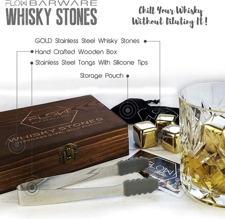 FLOW Barware Gold Whisky-Steine, Geschenk-Set mit Eiszange und Aufbewahrungstasche, Wiederverwendbar