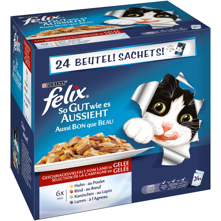 Felix So gut wie es aussieht, Katzennassfutter, Gelee Geschmacksvielfalt vom Land I Adult I 4er Pack
