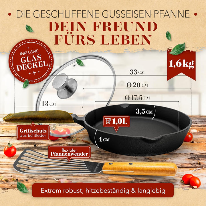 KRUSTENZAUBER Gusseisenpfanne Induktion 20cm inkl. Deckel und Pfannenwender - Geschliffene Pfanne Gu