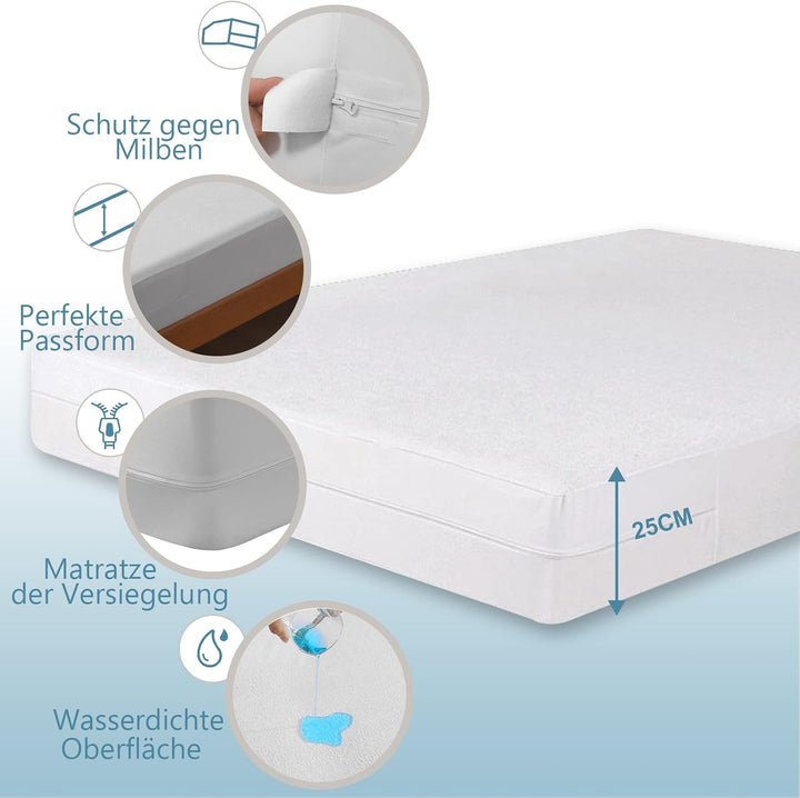 Bedecor Wasserdichter Matratzenbezug 180 x 200 x 25 cm, mit Reissverschluss Matratzenschoner 180 x 2