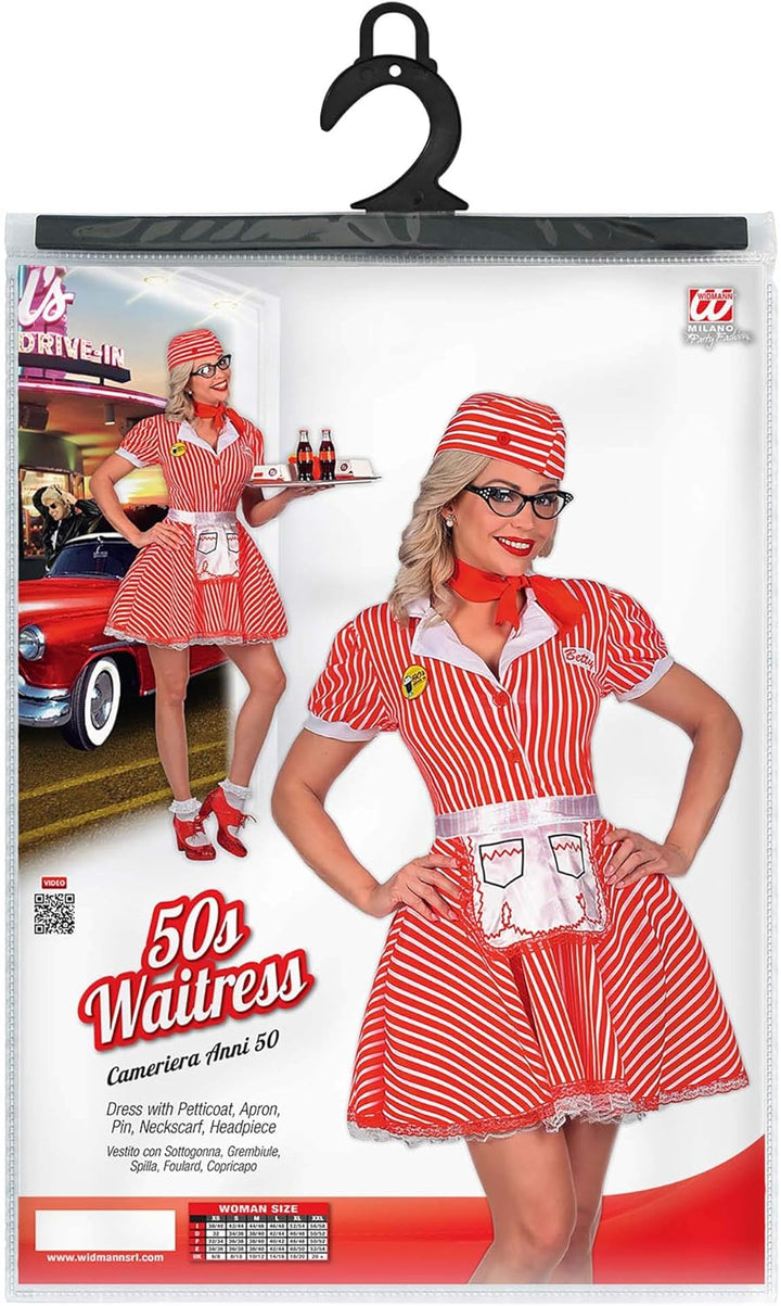 "50s WAITRESS" (dress with petticoat, apron, pin, neckscarf, headpiece) - (M), M