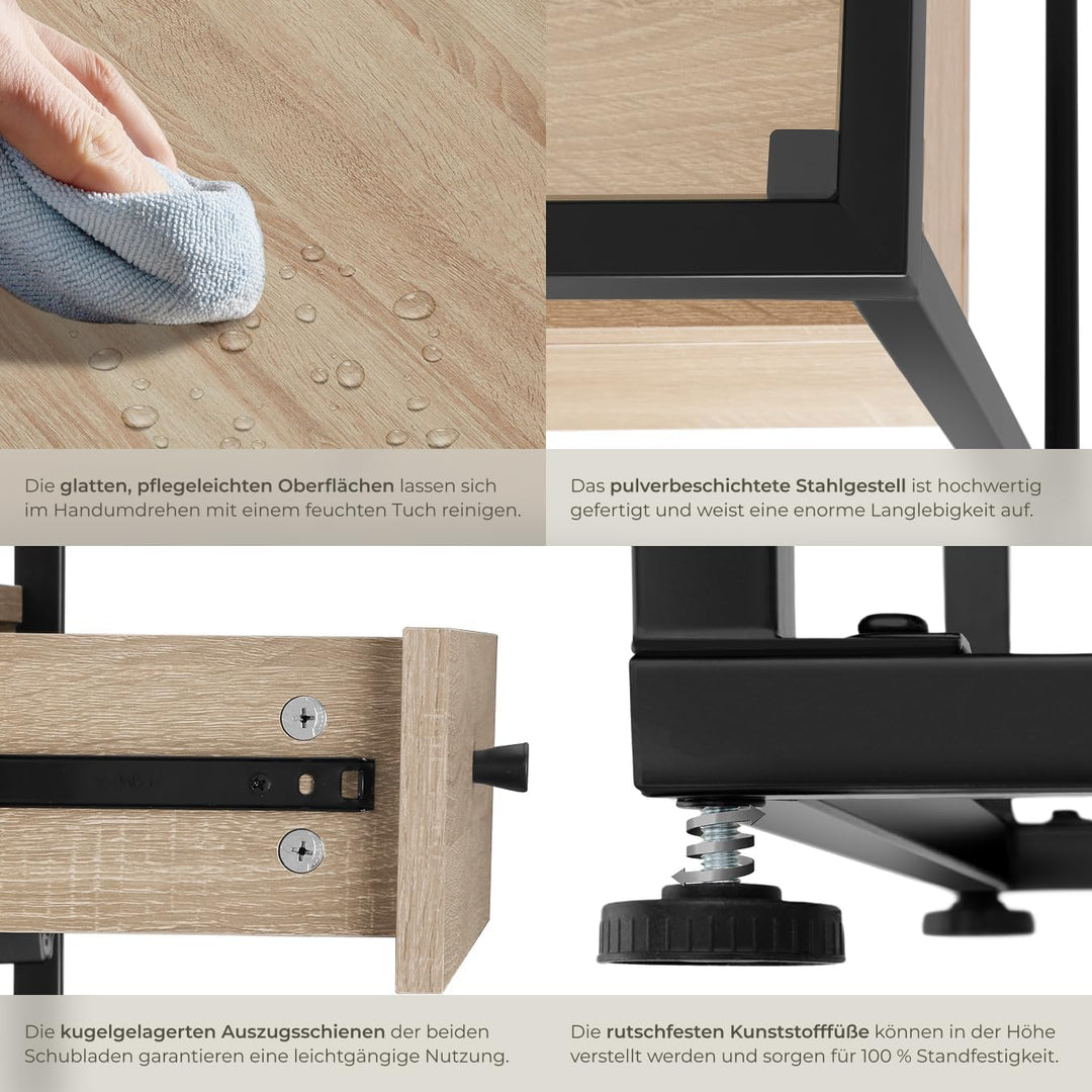 tectake® Lowboard mit 2 Schubladen und Ablagen, 121,5 x 41,5 x 50,5 cm, Fernsehtisch mit Glasplatte,