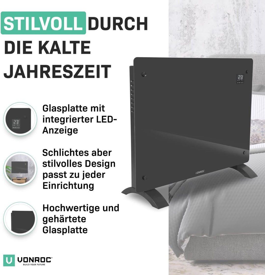VONROC Elektroheizung energiesparend 1500W - Konvektor Heizung [18qm Räume] - Mobile Elektrische Hei