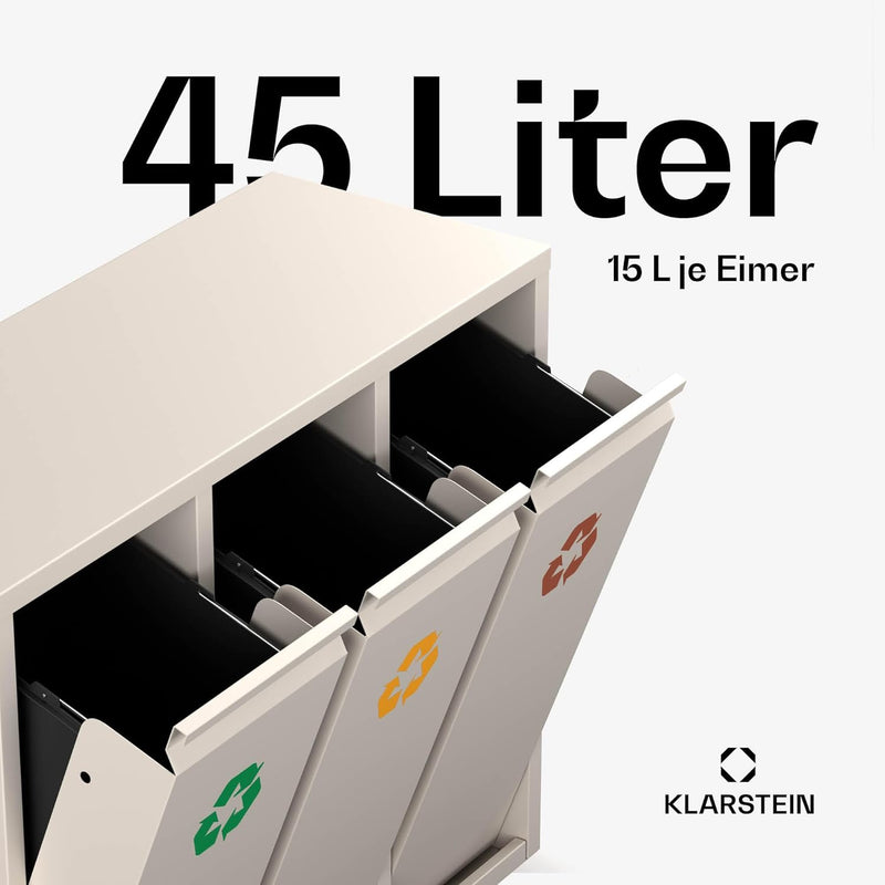 Klarstein Ordnungshüter 3 in 1 Mülleimer - 45L Abfalleimer Küche mit 3x15L Trennsystem, Edelstahl, G