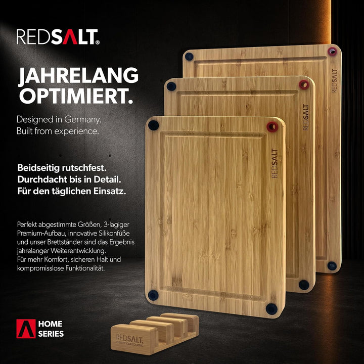 REDSALT® innovatives Bio Bambus Holz Schneidebrett 3er Set rutschfest | 38x26 32x22 26x18cm Holzbret