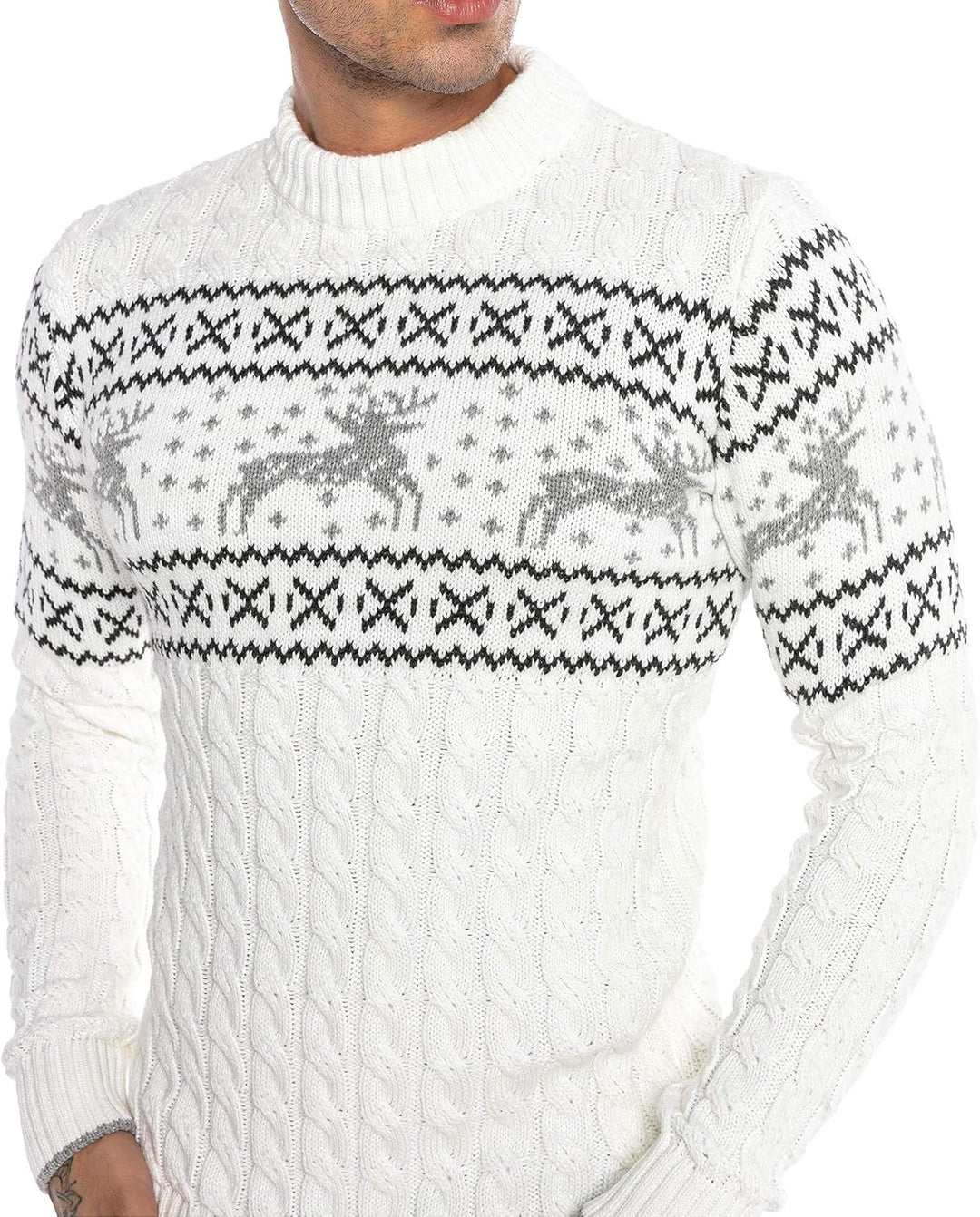 Red Bridge Herren Strickpullover Norweger Pullover Slim-Fit Plait Reindeer XL Weiss, XL Weiss