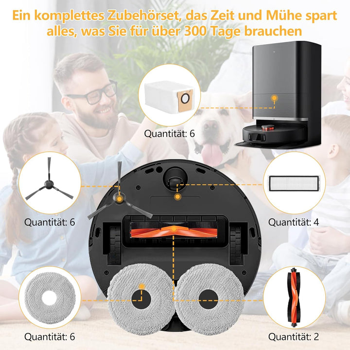 25 Stück Zubehör für Xiaomi X20 Max / X20 Pro Saugroboter, 6 Staubbeutel 6 Wischpad 2 Hauptbürste 6