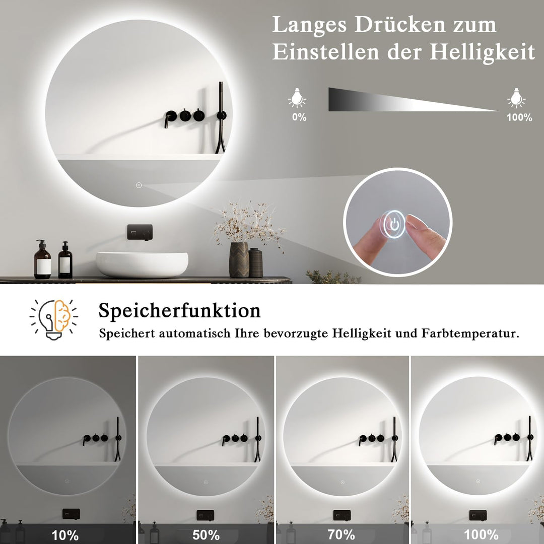 Badspiegel mit Beleuchtung - LED-Badezimmer-Spiegel-Round 70cm,Touch-Schalter,Dimmbar,3 Lichtfarben,