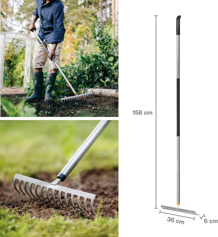 Fiskars Rechen mit 14 Zinken, Ergonomic, Länge: 154 cm, Breite: 30 cm, Gehärtete Borstahlzinken/Alum