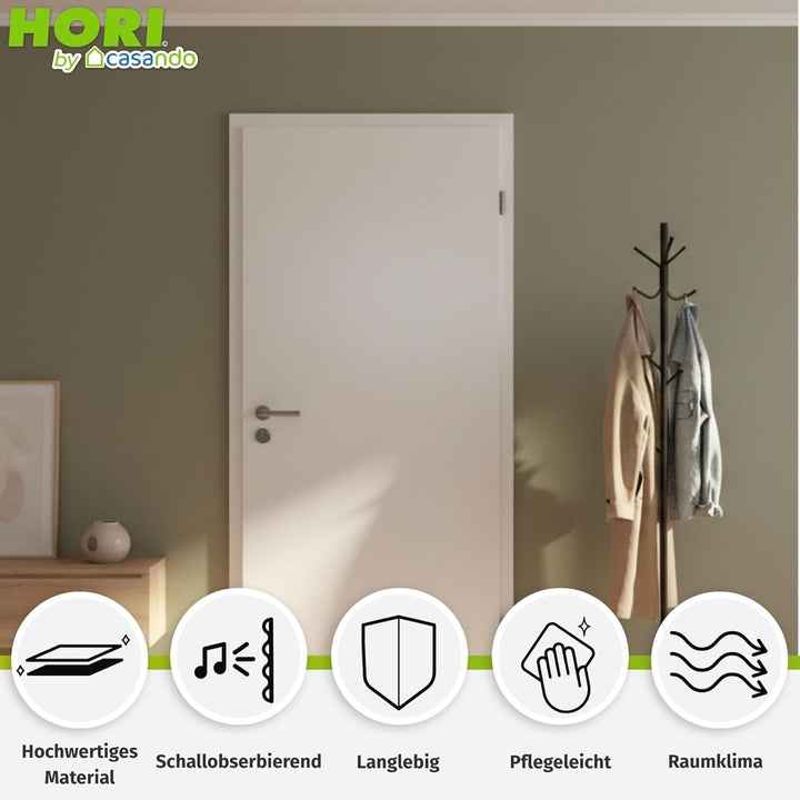HORI® Zimmertür Komplettset mit Zarge und Türdrücker I Innentür CPL Weiss I Höhe 198,5 cm I Anschlag