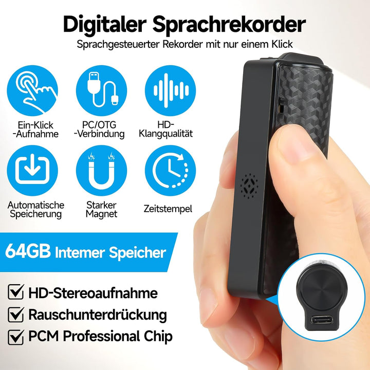 Digitale Diktiergerät, 64GB Magnet Mini Aufnahmegerät mit 30 Tage Daueraufnahme Abhörgerät Voice Rec