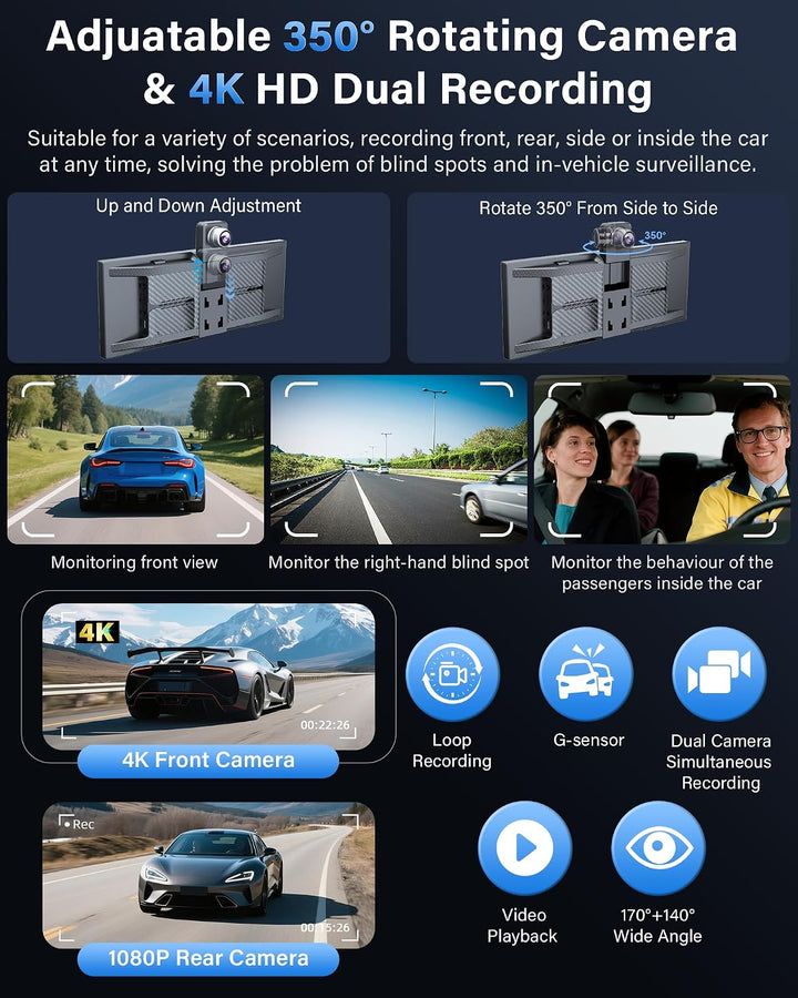 11,3 Zoll Carplay Android Auto Display mit Stehende Halterung, 350° Drehbare 4K Dashcam Buddy Displa
