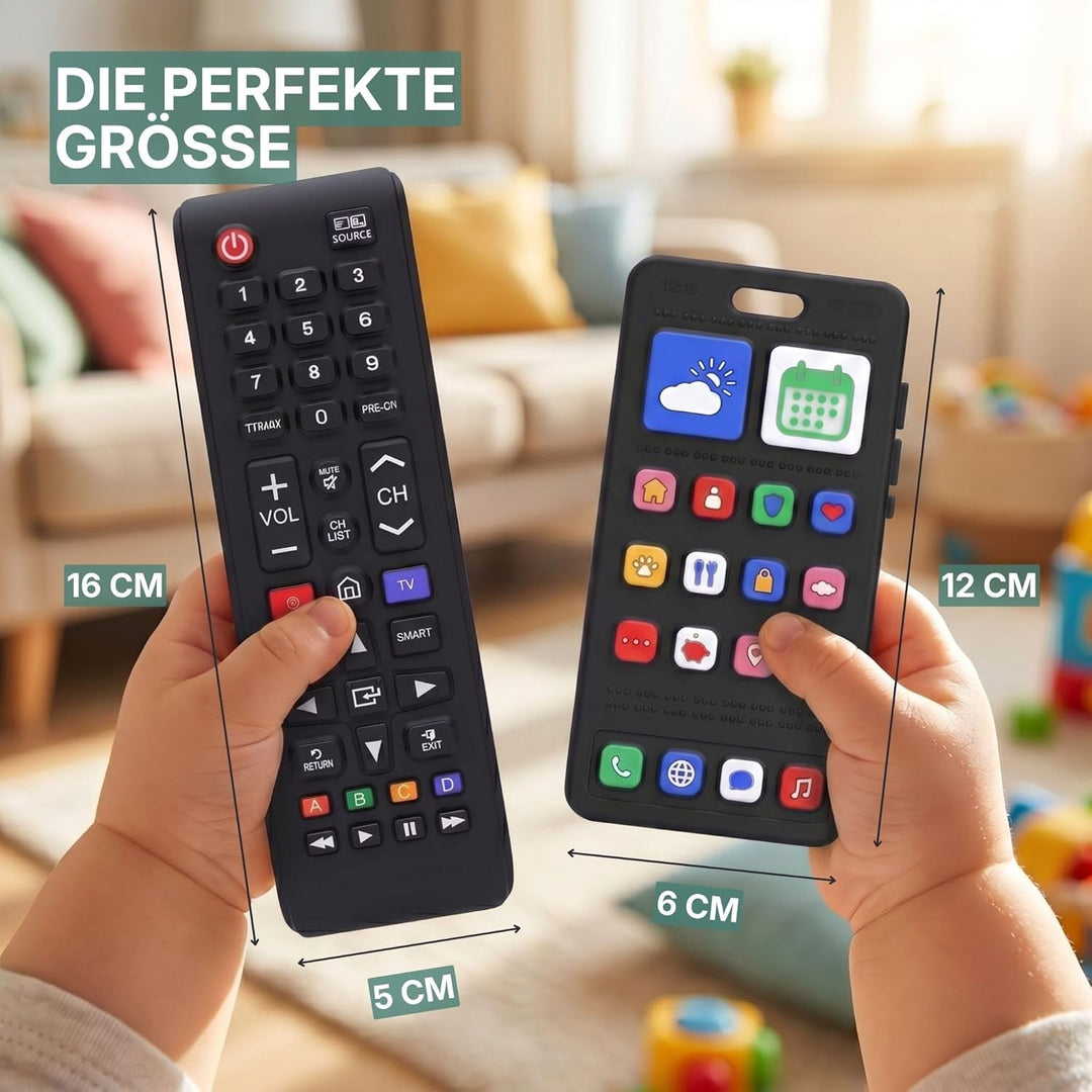 Baby Fernbedienung + Baby Telefon & Beissring - 100% Silikon Beissspielzeug, lebensechtes Spielzeug-