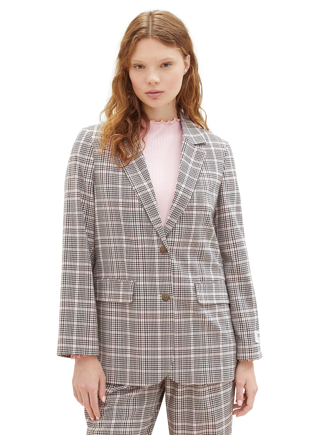 TOM TAILOR Denim Damen Loose Fit Blazer mit Karomuster XS 32456-rose Grey Check, XS 32456-rose Grey