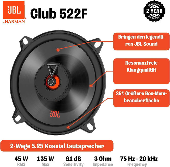 JBL Club 522F 2-Wege Auto Lautsprecher Set von Harman Kardon - 135 Watt Pro KFZ Autolautsprecher Box