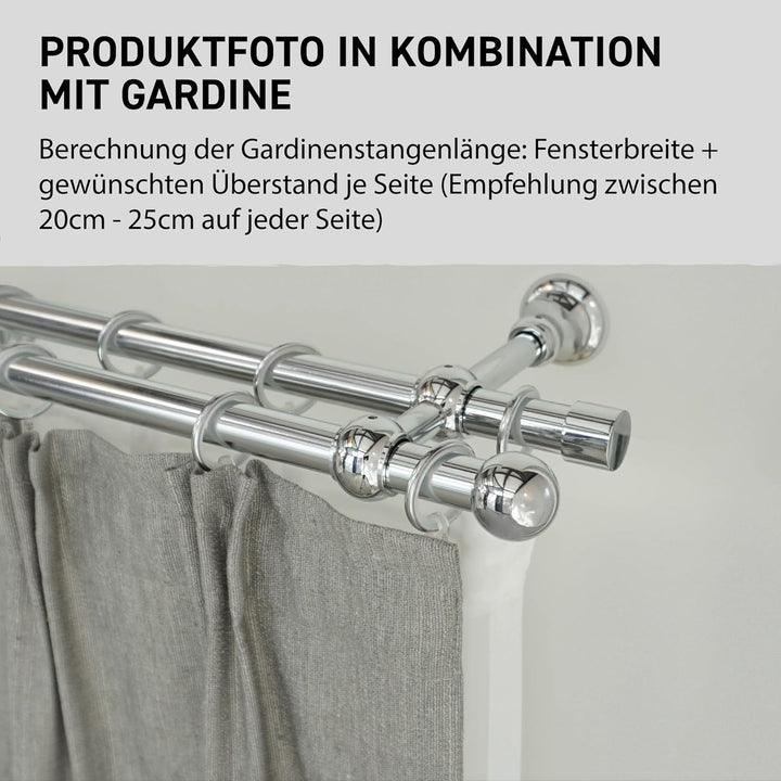 Garesa Gardinenstange Andrea Ø 20mm, 2-läufig, Chrom I Stabile Vorhangstange inkl. Ringe + Faltenleg