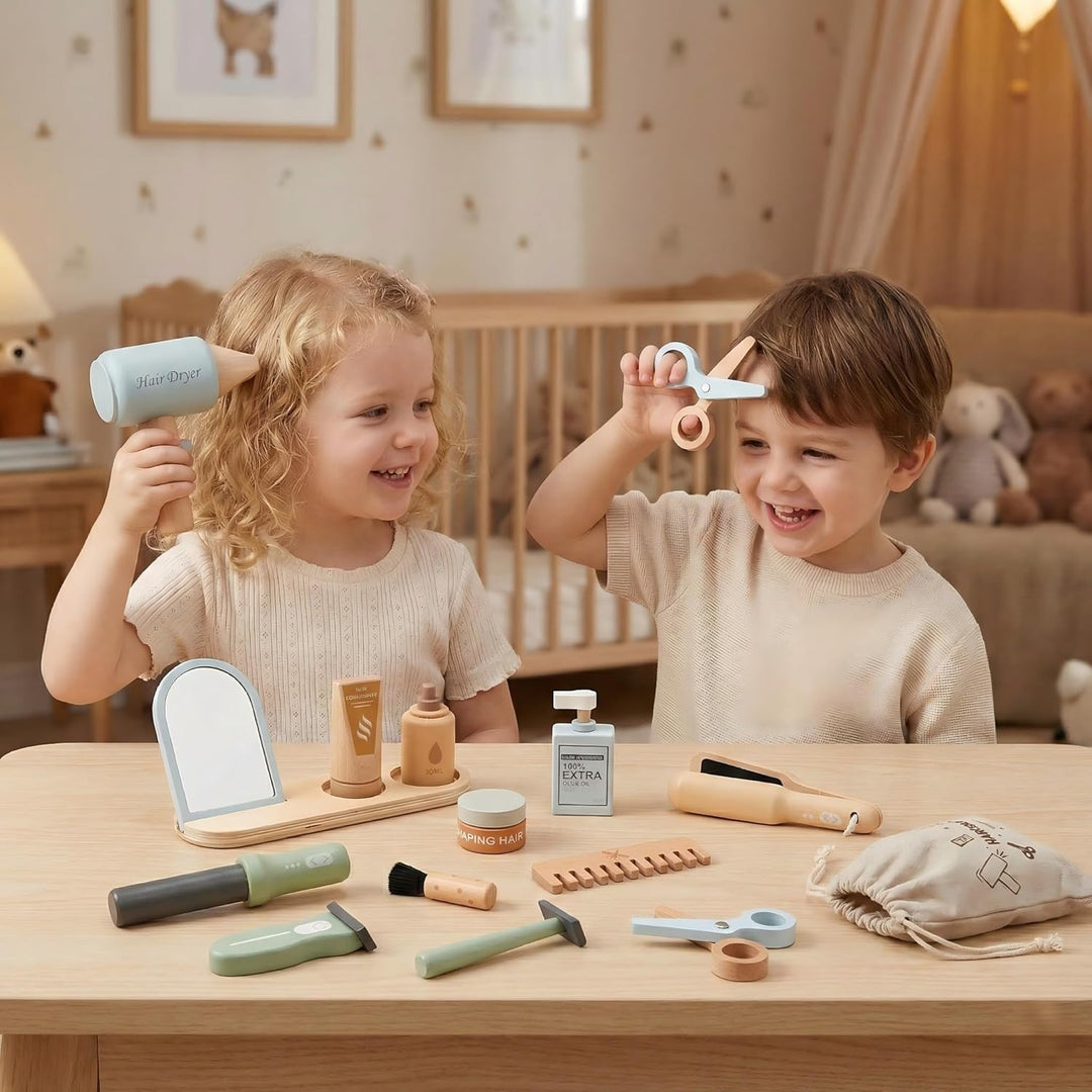FIIOEOY Holz Friseur Set Kinder mit Haartrockner Lockenstab Haarstyling Rasierzubehör Salon Friseur