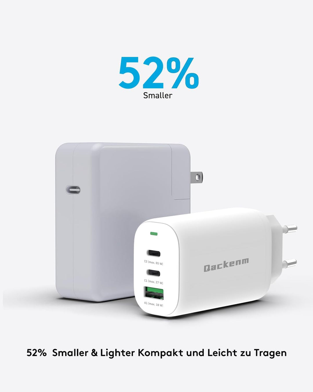 Qackenm GaN USB C Ladegerät 65W, 3-Port USB C Netzteil, PPS Schnellladegerät für MacBook Pro/Air, iP