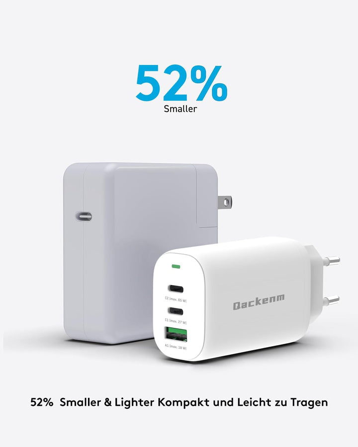 Qackenm GaN USB C Ladegerät 65W, 3-Port USB C Netzteil, PPS Schnellladegerät für MacBook Pro/Air, iP