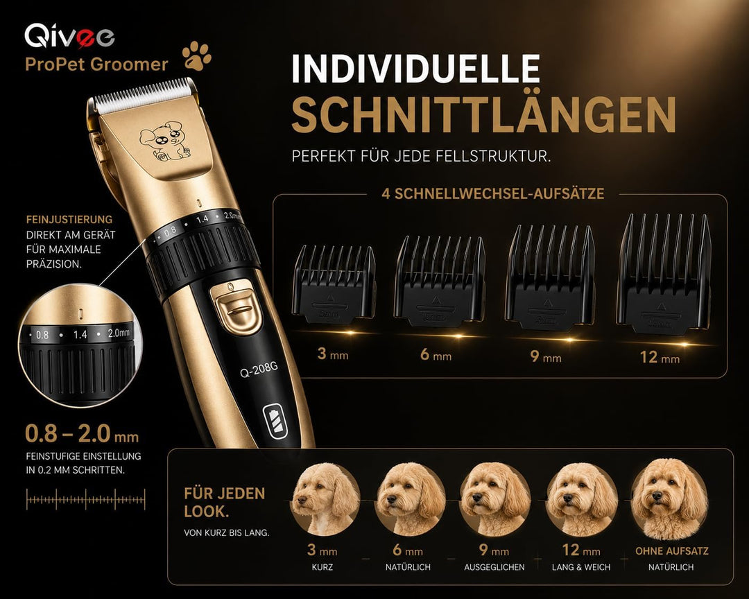Profi-Tierhaarschneidemaschine, Kabellos, Wiederaufladbar, mit 4 Kammaufsätzen und 2 Akkus, Champagn