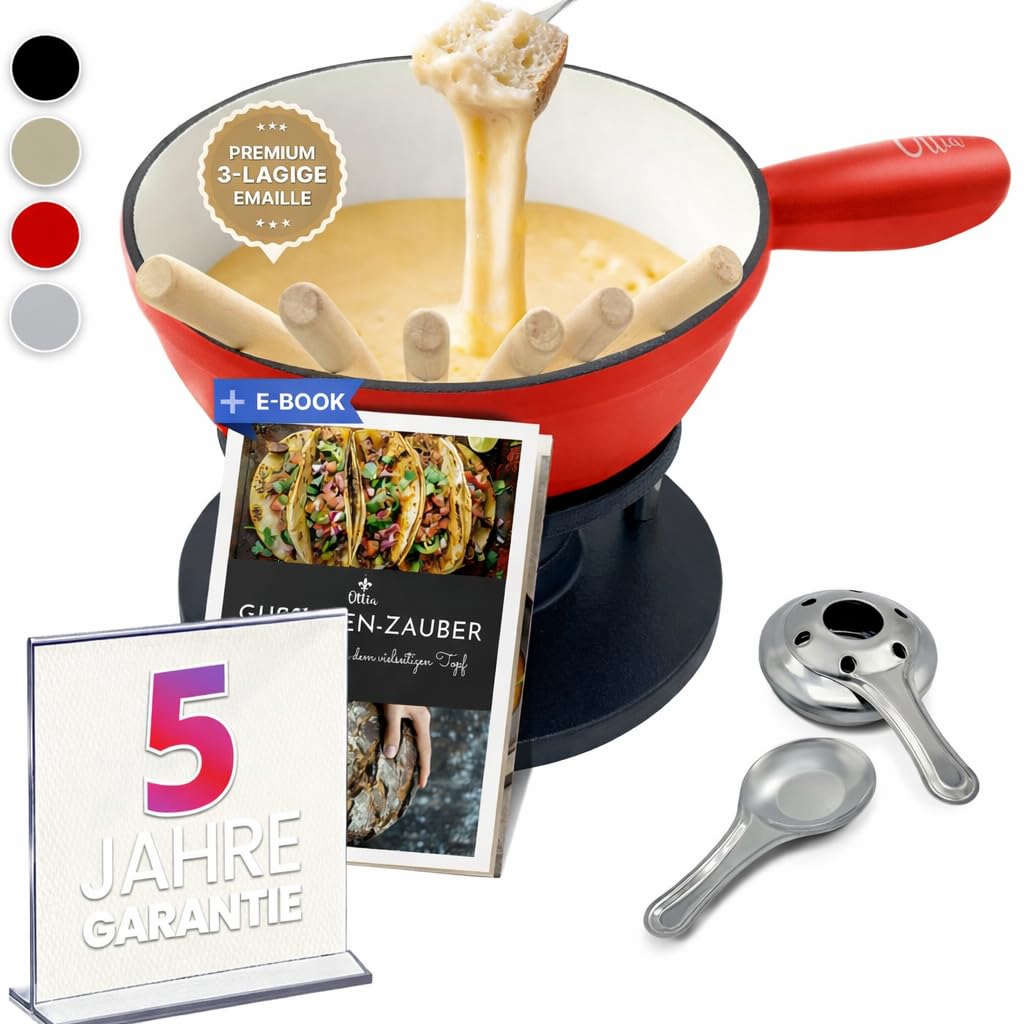 Ottia Gusseisen Fondue Set für 2, 3, 4, 5, 6 Personen, 3-lagige Emaille, Schadstofffrei, 10-teilig m