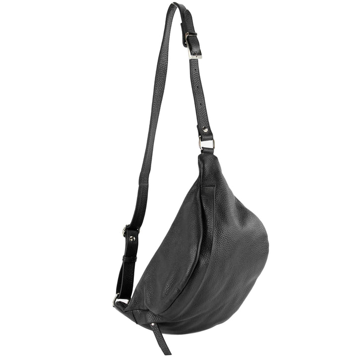modamoda de - T77 - ital. Hüfttasche Bauchtasche Brusttasche Large aus weichem Leder, Farbe:Schwarz,