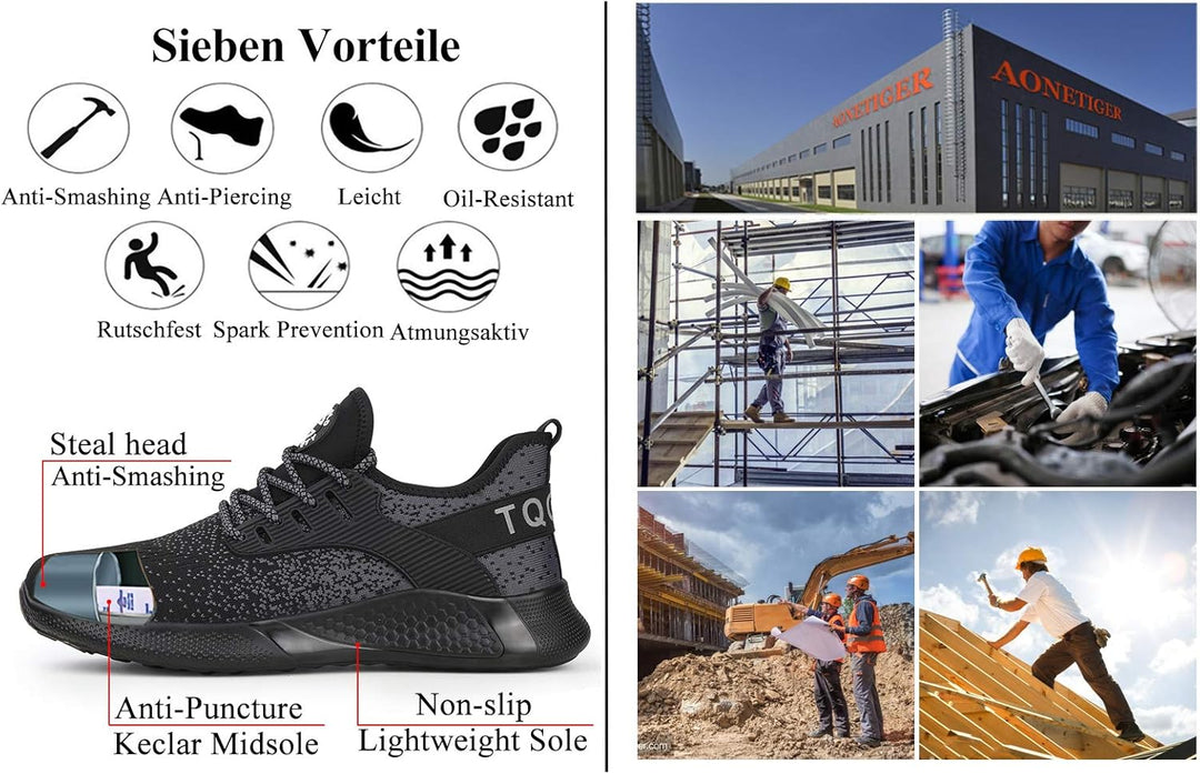 AONETIGER Sicherheitsschuhe Herren Damen Leicht Arbeitsschuhe Stahlkappe Sportlich Schutzschuhe Atmu