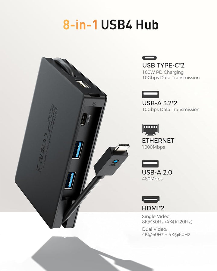 Cable Matters Portable 40Gbps Dual HDMI USB4 Hub, USB 4 Dock mit 2x4K@60Hz oder 1x4K@120Hz / 8K@30Hz