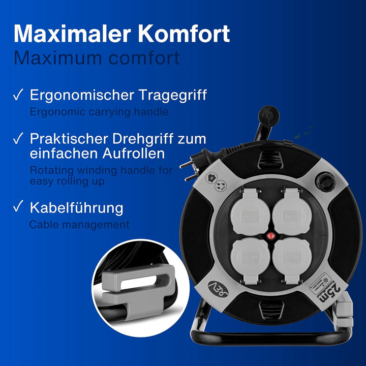 REV Kabeltrommel EX 25m Outdoor Verlängerungskabel aussen IP44, Ideal für Garten und Camping, 4-fach