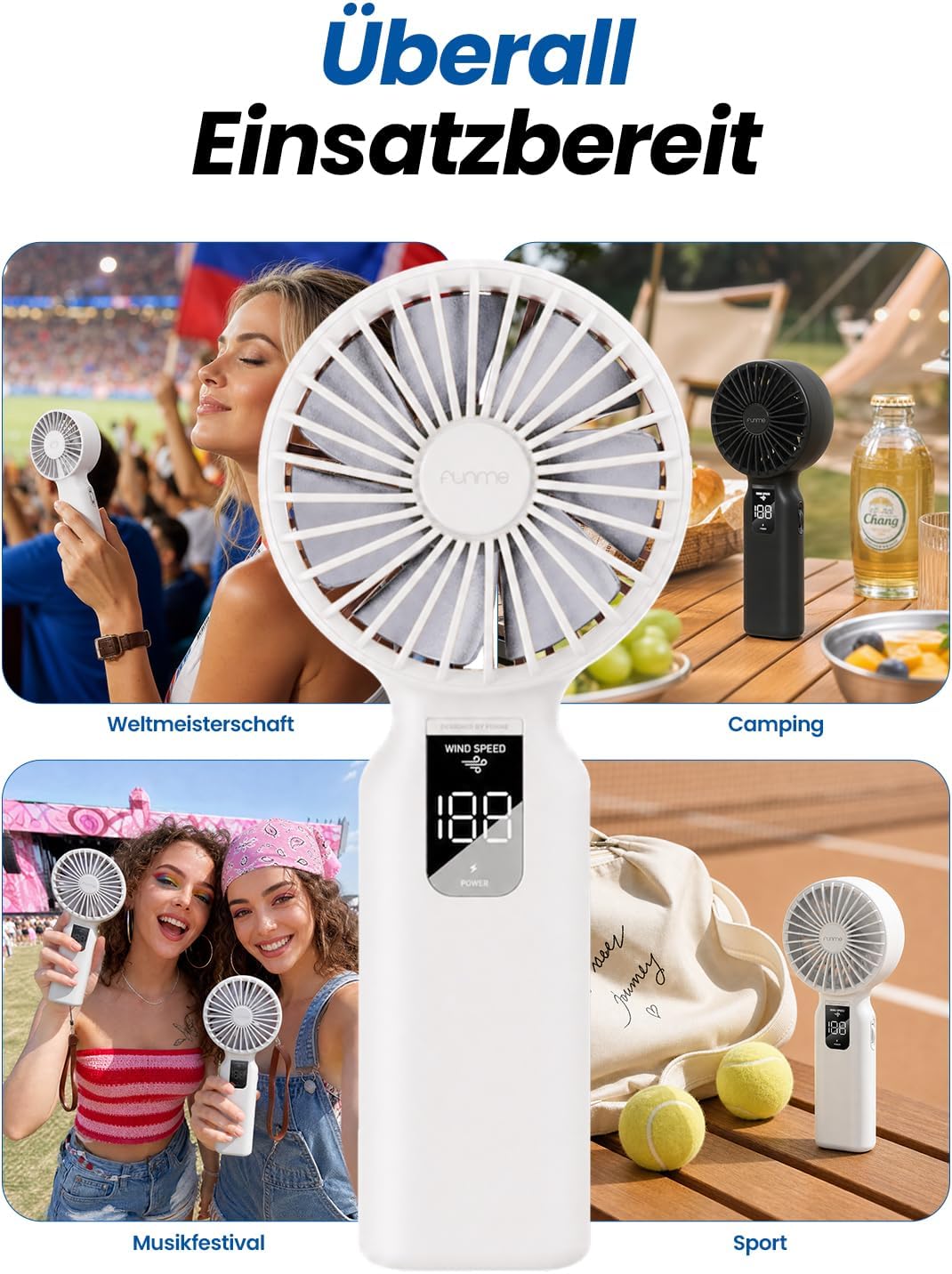Funme Handventilator, 100 Windstufen &amp; 7 m/s Sturmmodus, 4000mAh Akku, 42H Ventilator Hand, Tragbare