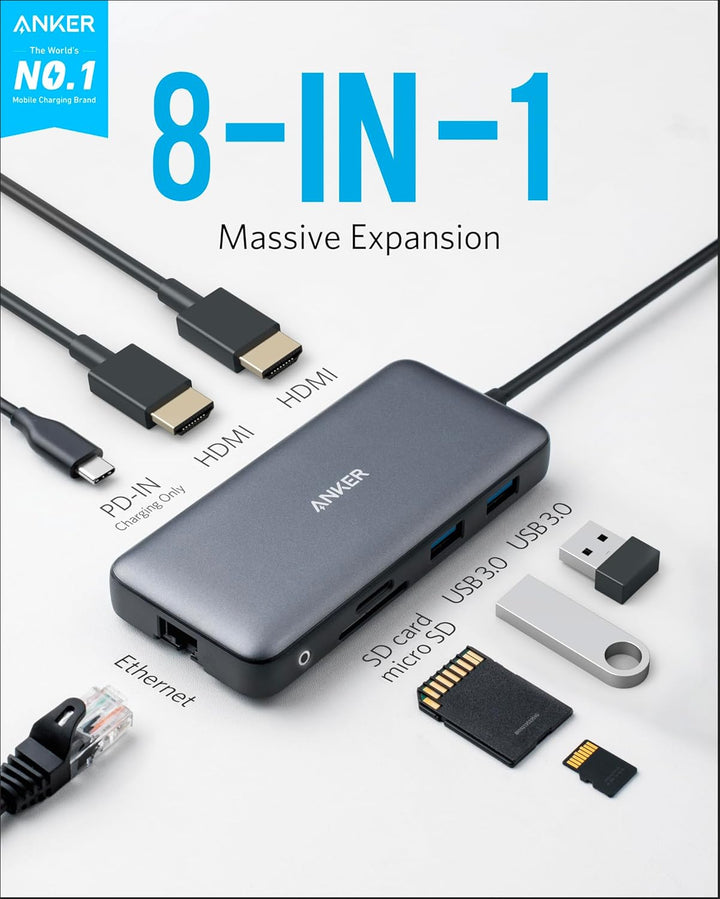 Anker PowerExpand 8-in-1 USB-C Adapter, USB-C Media Hub, Dual 4K HDMI, 100W Power Delivery 1 Gbps Et