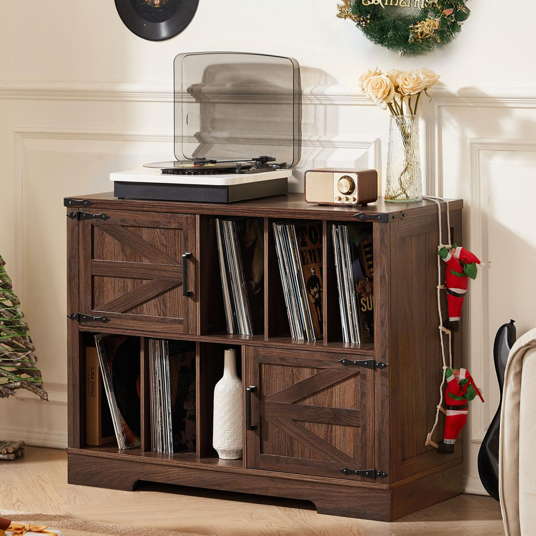 LELELINKY Grosser 1m-Plattenspieler-Ständer mit Aufbewahrung, Plattenständer mit Scheunentür, Platte