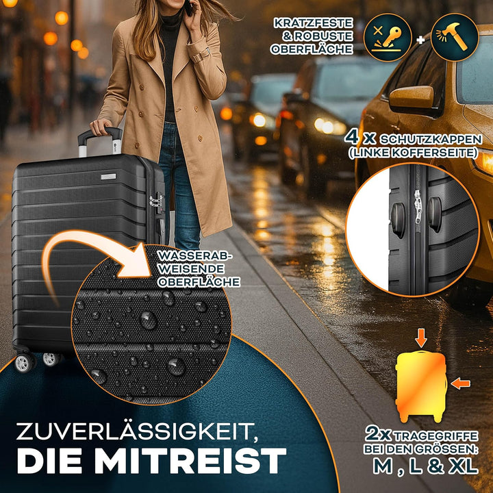 tillvex® Reisekoffer Set 3-TLG. + Gepäckwaage, 6X Koffergurte & 3X Kofferanhänger | Kofferset 4 Roll