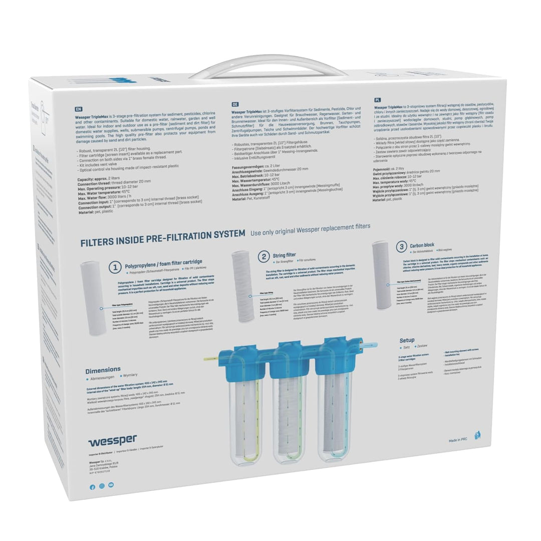 Wessper 10" 3-Stufen ¾ Zoll IG Wasserfilter Vorfilter System Hauswasseranlage Brunnen