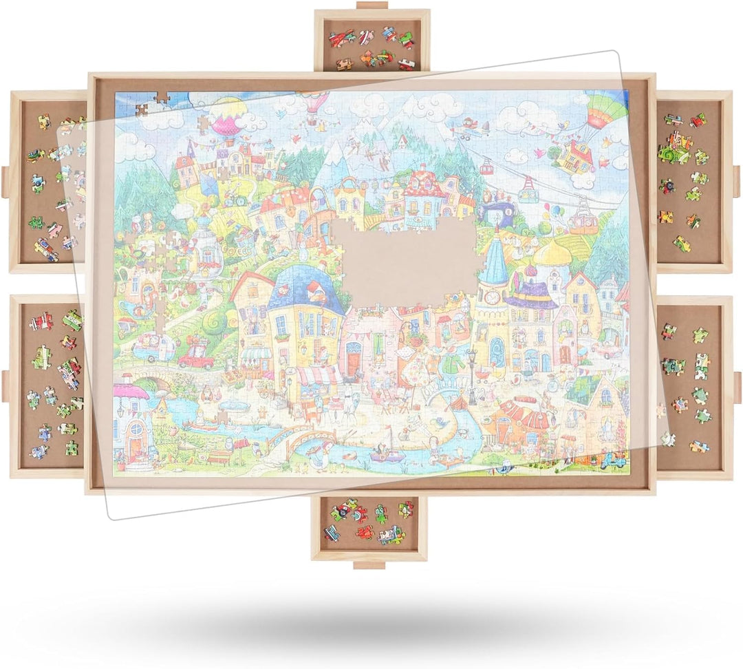 1000 Teile rotierendes Puzzlebrett mit 6 Schubladen und Abdeckung, 67,6 x 57 cm tragbarer Holzpuzzle