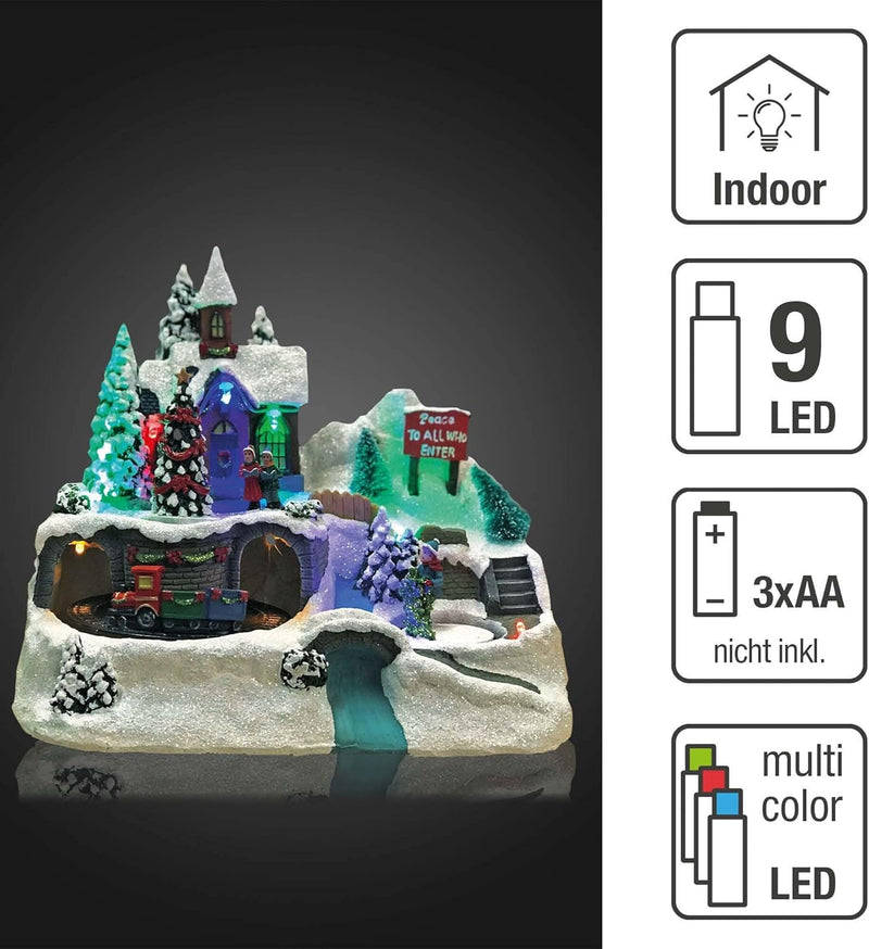 hellum LED Weihnachtsdorf mit Zug, Weihnachtsdorf mit Beleuchtung im Fiberoptikstil, batteriebetrieb