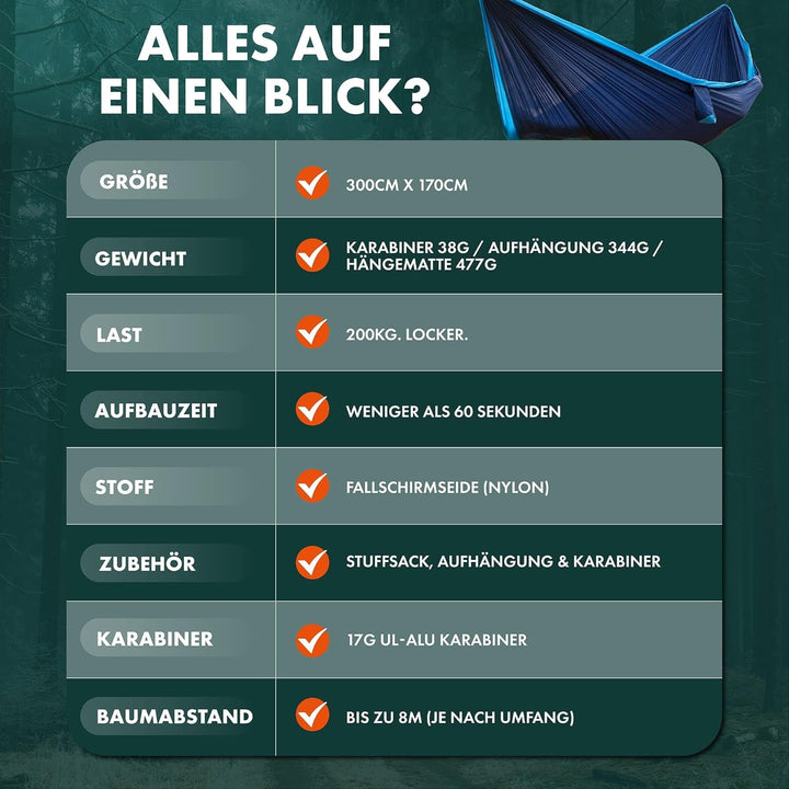 HÄNG® Camping Hängematte Outdoor Nylon Fallschirmseide für 2 Personen - 300 x 170cm Mobile Ultra-lei