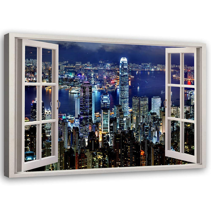 Feeby Wandbild Wolkenkratzer Druckbild Leinwandbild Fenster-Illusion Blau 90x60 cm Leinwandbild 90x6