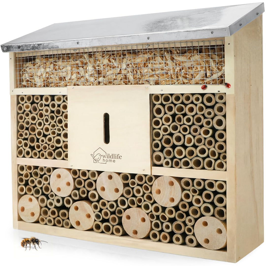 WILDLIFE HOME Bienenhotel Insektenhotel mit Metalldach I Unbehandelt, Bienenhaus aus Massiv-Holz für