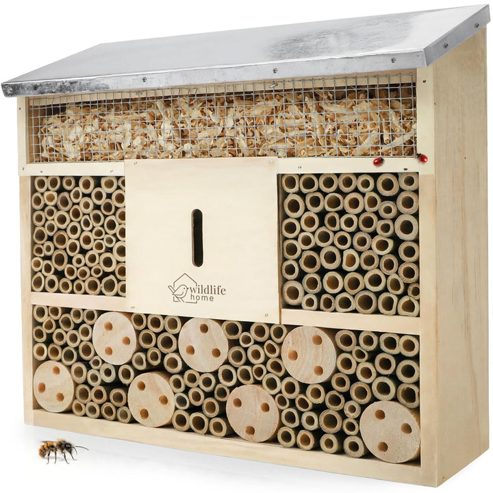 WILDLIFE HOME Bienenhotel Insektenhotel mit Metalldach I Unbehandelt, Bienenhaus aus Massiv-Holz für