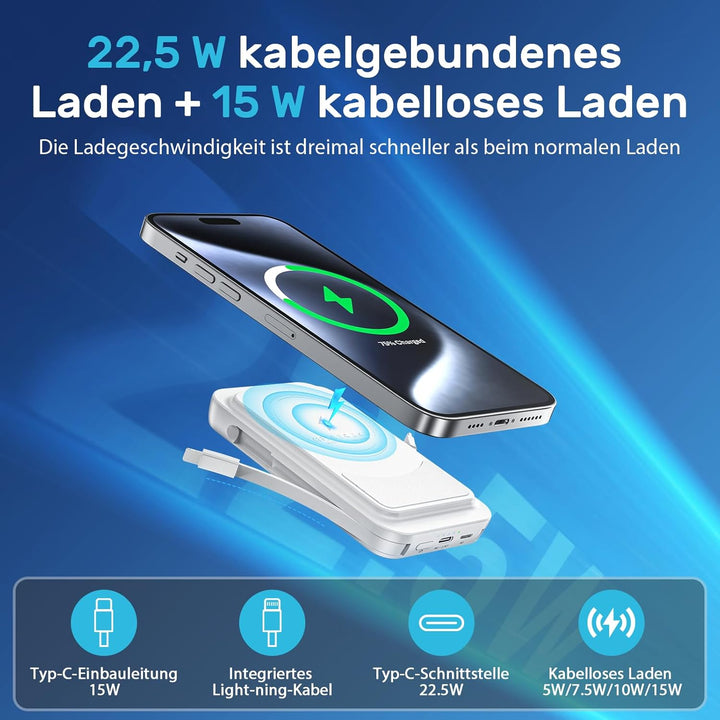Powerbank für Magsafe 20000mAh 22.5W Magnetische Power Bank 4-in-1 Schnellladen mit Type-C/IOS Kabel