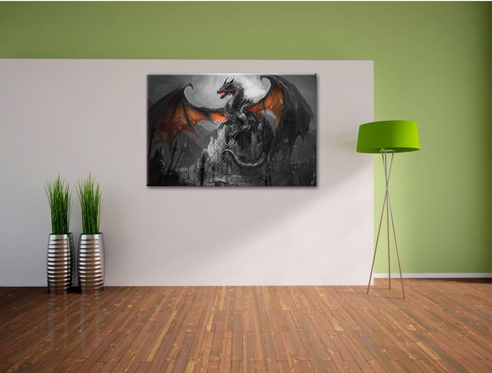 Pixxprint Drache schützend über Burg Schwarz/Weiss, Format: 100x70 auf Leinwand, 100x70